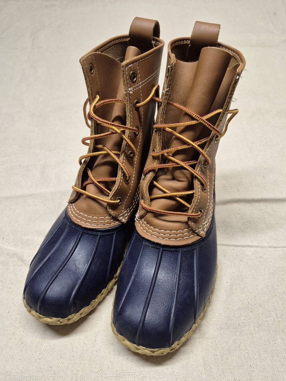 LL BEAN Leather Rubber Duck Rain Bean Boots Navy/Tan Mens Size 8 M 212880